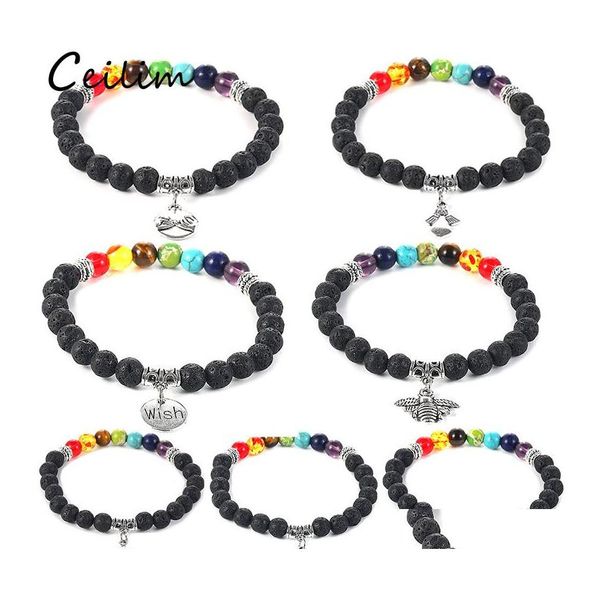 Moda de fios de mi￧angas 6mm 7 Chakras lava Stone Stone Bracelet Bee Heart Love Amizade de Elefante Anjo Charmos Yaga Bead for Men Wo Otfxz