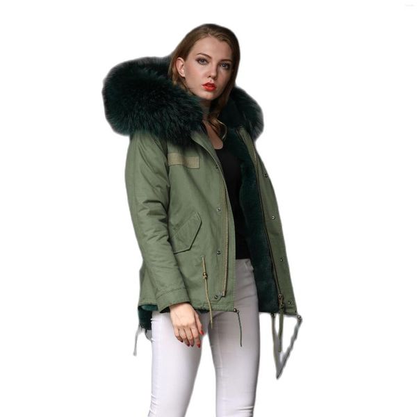 Mulheres femininas elegantes parka verde escuro com faux grossa damas quentes jaqueta curta casaco casual de outono