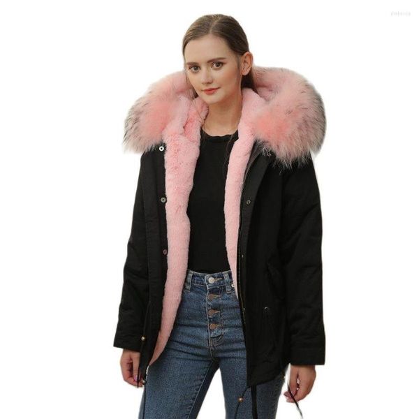 Женский мех повседневный зимний пальто розовое искусственное покрытие Parka Girls Short Tover с черным затопленным воротником отделкой