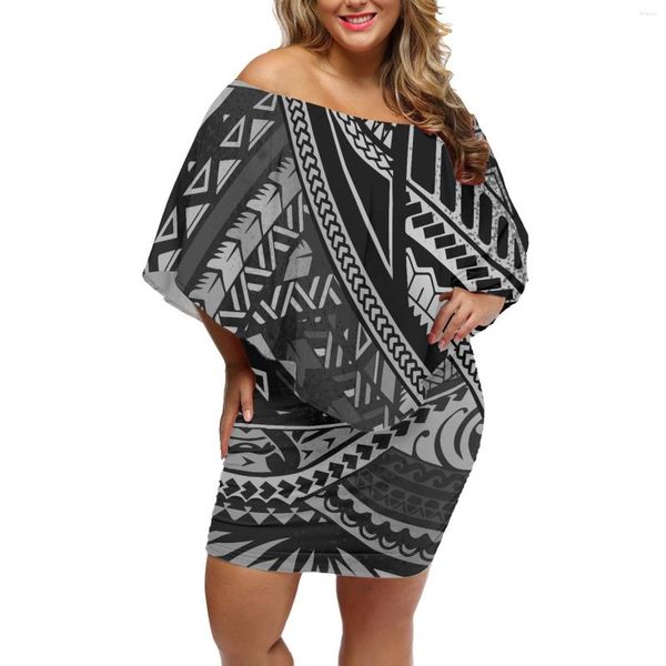 Lässige Kleider Elegante Frauen Kleid 2023 Sommer Polynesische Traditionelle Stämme Tattoos Drucken Kleidung Schulterfrei Fledermausärmel Gesäß