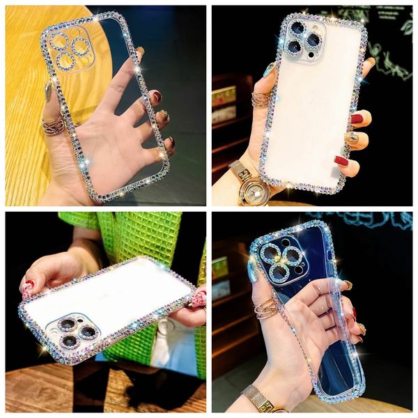 Роскошные мягкие чехлы из ТПУ с блестящими бриллиантами для IPhone 15 14 Plus 13 12 Pro Max 11, прозрачные стразы, прозрачные кристаллы, защита объектива камеры с мелкими отверстиями, задняя крышка телефона для девочек