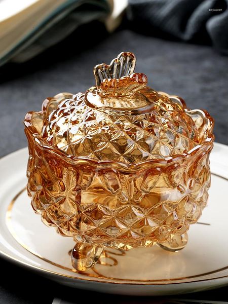 Bottiglie di stoccaggio Barattolo di caramelle in vetro di cristallo ambrato in stile europeo con coperchio Candela profumata Contenitore per alimenti Contenitore per gioielli Contenitore per la casa
