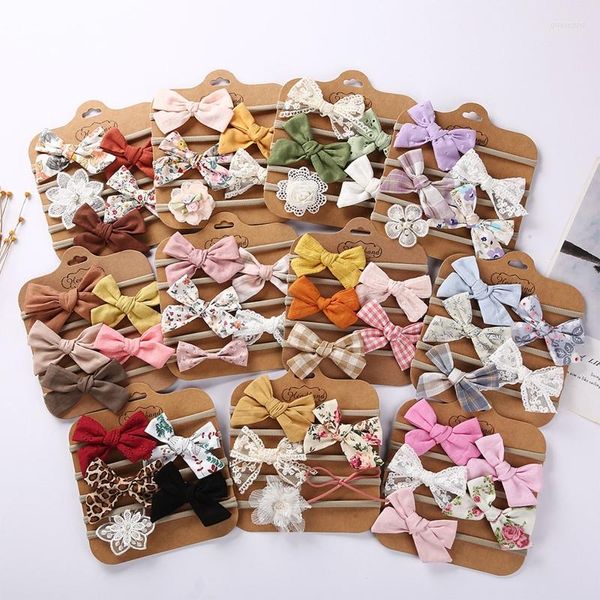 Haarschmuck 5 stücke Baby Mädchen Bogen Stirnband Vinatge Floral Nylon Baumwolle Bänder Kleinkind Elastische Spitze Headwrap Für Kinder