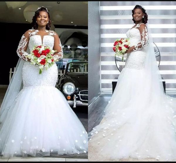 2023 Русалка Плюс размер свадебные платья с длинным рукавом иллюзия дорогое кружевное свадебное платье для свадебной вечеринки для приспособления для невест