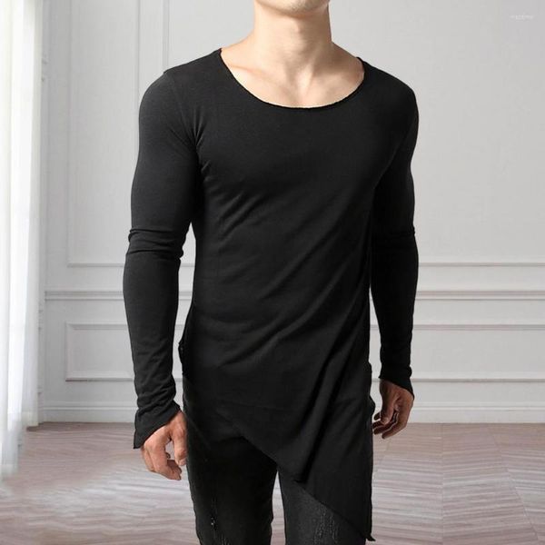 Camiseta masculina T-shirt Manga longa Cor de cor sólida Irregular Pullover de rua