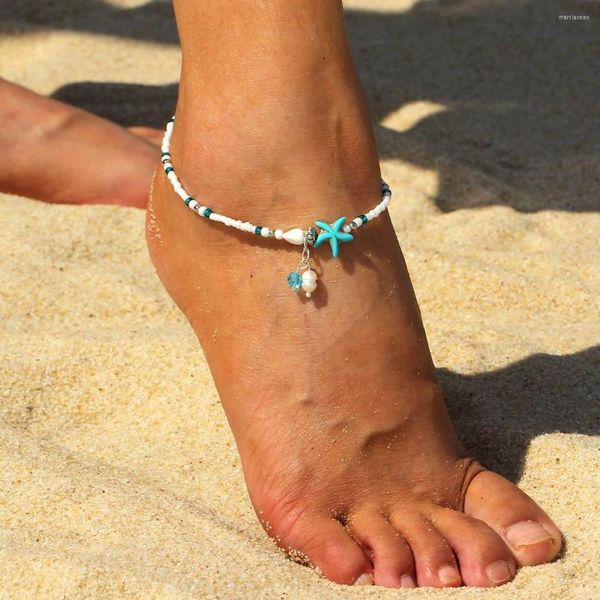 Tornozeleiras Hesíodo estrela do mar de baralho infinito de cor de prata infinita miçangas de cadeia longa feminina praia Sandálias descalça tornozelo