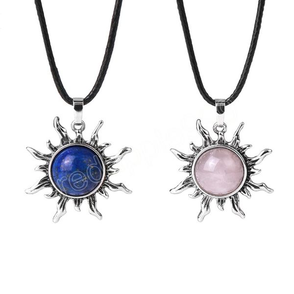 Vintage-Sonnenblumen-Anhänger, Naturstein-Kristall-Halskette, echter runder Stein, Amethyste, rosa Quarz-Obsidian-Schutz