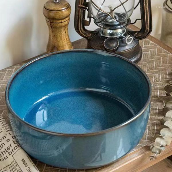 Миски Винтажная керамика Большой суп -бассейн синий антикварный простые старые сплошные с твердым цветом нарисованная ручная рука домашняя рамэн -миска фруктовой посуда Ваджилла