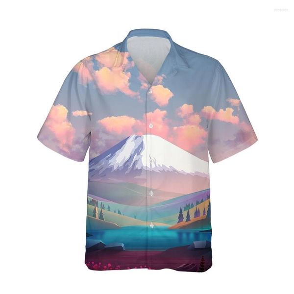 Camisas casuais masculinas moda 3d Nature Snow Mountain River Lake Prinha mensagens havaianas Visualizar um padrão de manga curta masculina camisa solta