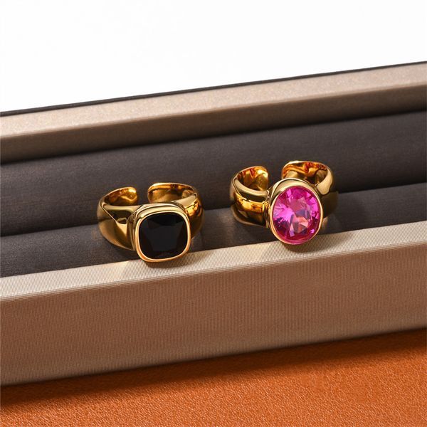 Ins Persönlichkeit Mode Oval Lila Rosa Diamant Ring Retro Premium Quadrat Schwarz Edelstein Öffnung Einstellbar Schmuck Zubehör