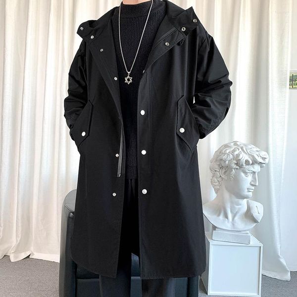 Trench da uomo Primavera Autunno Uomo Giacche con cappuccio Nero Harajuku Giacca a vento Tasche Soprabito Uomo Casual Outwear Hip Hop Streetwear