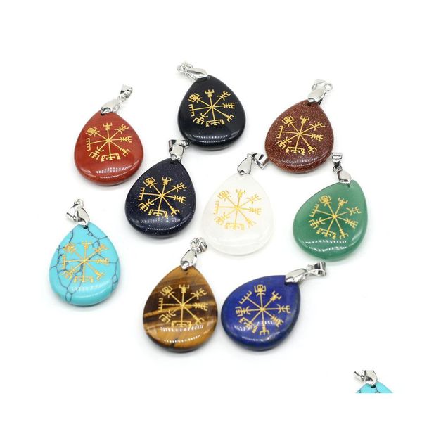 Natural Stone Charms Pendant - Reiki Healing Symbols, Turquoise & Rose Quartz - 25x35mm - Arts & Crafts