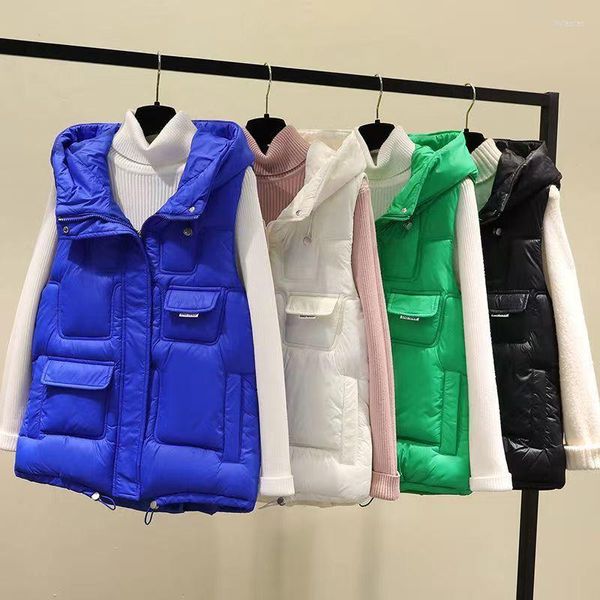 Gilet da donna versione invernale coreana di gilet corto con cappuccio ispessito in cotone lucido senza lavaggio da donna