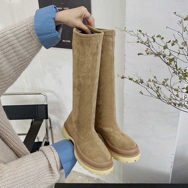 Boot осень зима новая женская обувь платформ для растягивания длинные ботинки круглой ноги винтажные колена высокая ботас де Мухер 221213