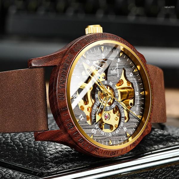 Relógios de pulso IK Colorir Wood Wood Watch Luxury Golden Skeleton Case mecânica Caixa de couro Strap Automática Male Wristwatch Drop