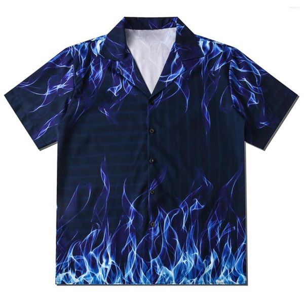 Camicie casual maschile lacibile hawaiane blu fuoco fiamma stampato in spiaggia camicia corta a maniche corte tops streetwear uomini hip hop estate