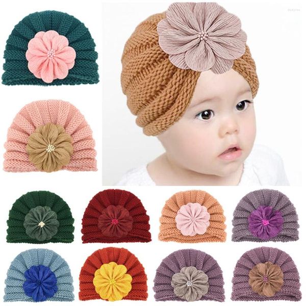 Cappelli 2022 Cappello turbante lavorato a maglia all'uncinetto in lana Infantile per bambini Stampa floreale Copricapo Nato Bonnet Berretti Berretti per neonate Ragazzi