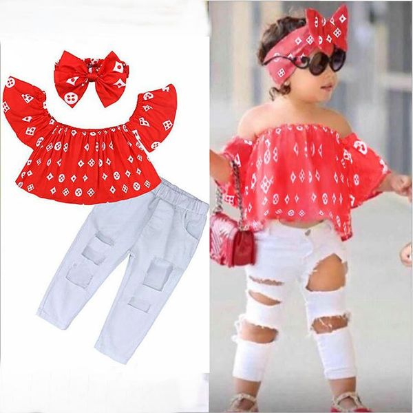 Set di abbigliamento per bambina per bambini Set di vestiti per bambina con spalle scoperte Camicia con foro Pantaloni Fascia per capelli Set di vestiti per bambini