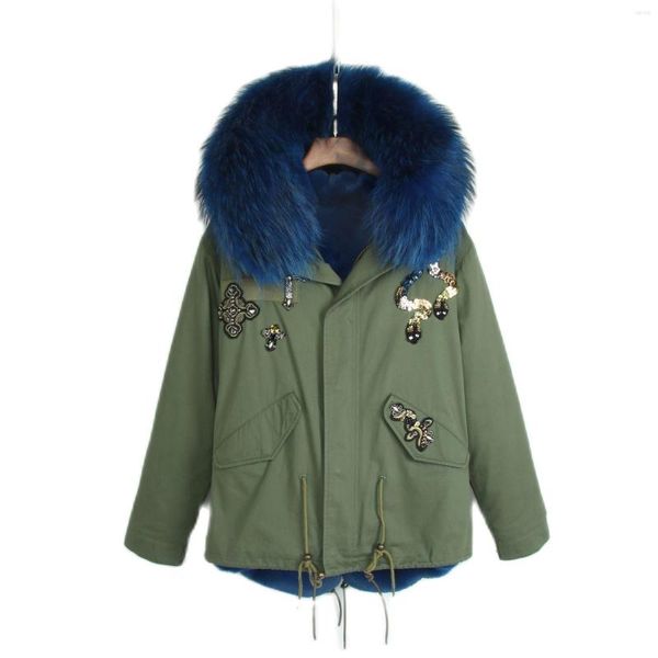 Cappotto corto da donna in pelliccia stile parka verde militare con fodera in finta fodera invernale da donna