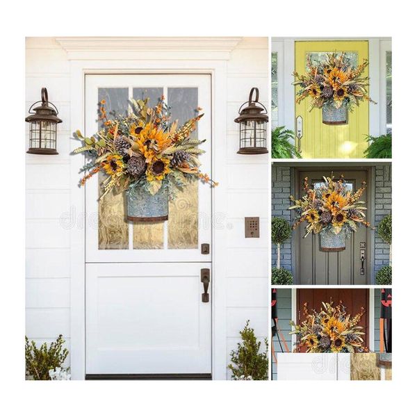 Dekorative Blumen Kränze Herbst Haustür Kranz Ernte Sonnenblume Tannenzapfen Kreis Girlande Herbst für Hochzeit Wand Zuhause De A1 Dr Otudn