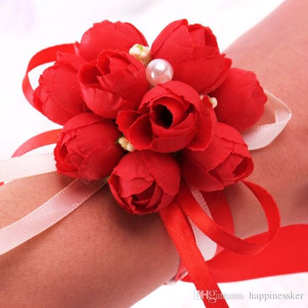 Braut Mädchen Brautjungfer Hochzeit Hand Handgelenk Corsage Verstellbares Band Rosenarmbänder Blumen Party Abschlussball Blumenkranz