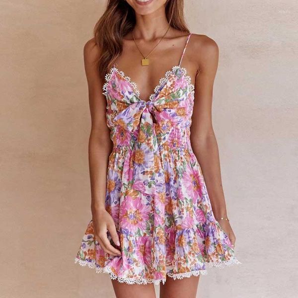 Vestidos casuais boho inspirado impressão floral em v-nec law amarrado mini vestido de verão tiras sem mangas smocked ladies chiques