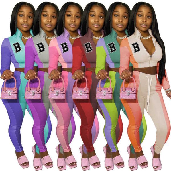 Kadın Terziller İki Parçalı Set Tasarımcısı 2023 İnce Seksi Yeni Harfler Baskılı Fermuar Ceket Taytlar Renk Dikiş Sporları Sıradan Pantolon Setleri S-4XL