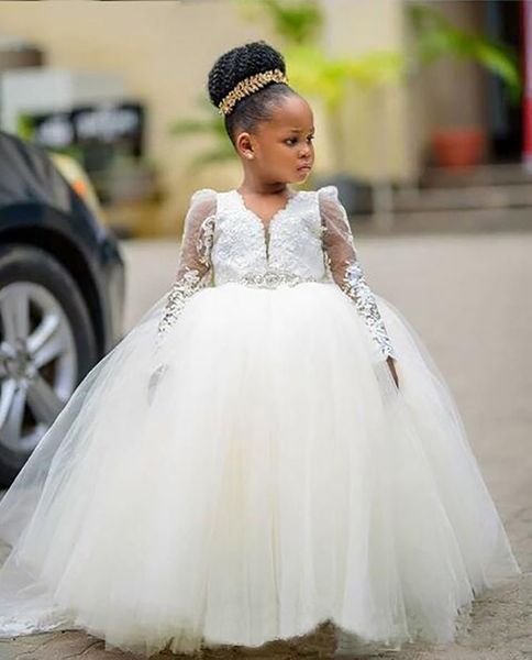 Королевские белые V Seck Flower Girls Dress для свадьбы с иллюзией с длинными рукавами для черных девушек дешевое первое платье причастия