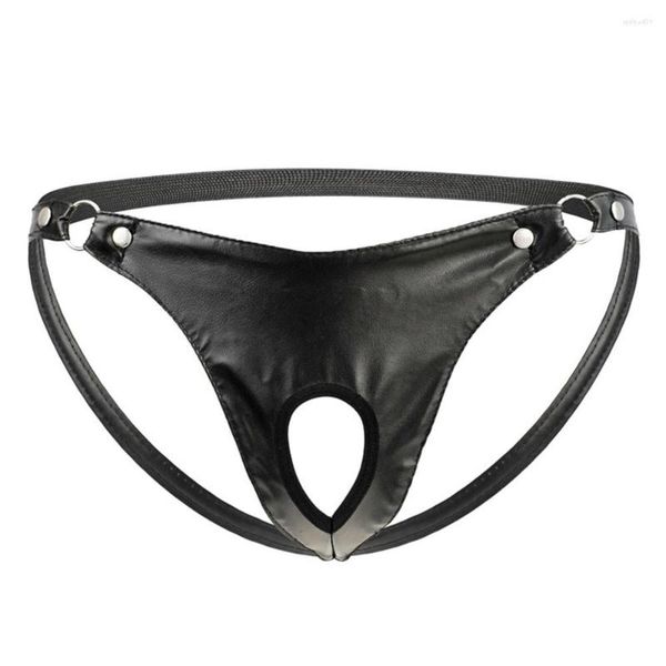 Mutande Jackstrap Biancheria intima sexy da uomo in pelle artificiale Slip con anello in metallo Cinturino perizoma Perizoma T-Back Sissy Mutandine