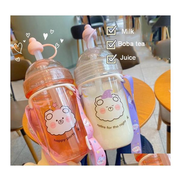 Garrafas de água Kawaii Bubble Milk Tea Bottle with ST Strap for Girls Kids Cute Plástico Portátil Juice Boba Drink Copos BPA 560ml Drop Ot5mh