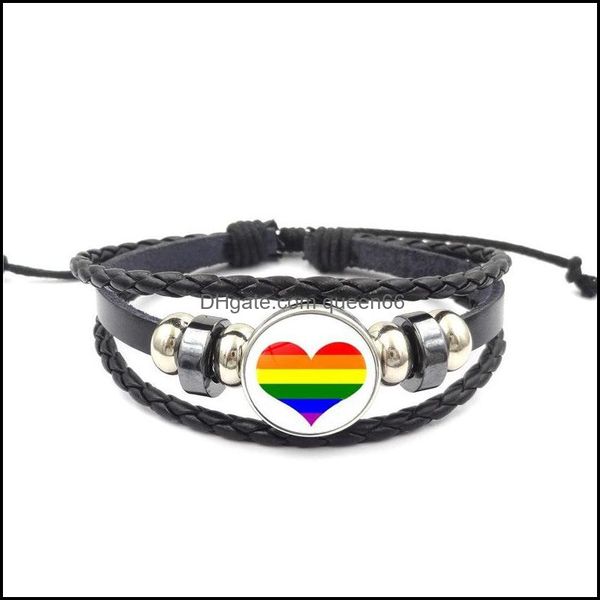 Charm Bracelets Rainbow Sign Lgbt Bracelet 18Mm Ginger Snap Button Para Homens Gays Mulheres Lésbicas Couro Corda Moda Jóias Presente Drop D Otwhj
