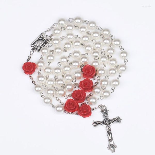 Ketten Rosenkranz Perlen Halskette Imitation Perle Kruzifix Kreuz Anhänger Rose Katholischer Schmuck Erste Heilige Kommunion Geschenk T8DE