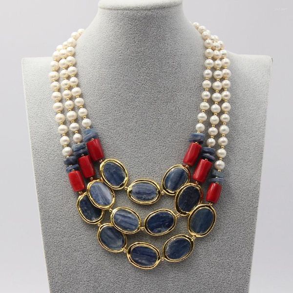 Catene GuaiGuai Jewelry Natural 3 Rows Blue Kyanite Red Coral Collana con vera perla bianca femminile