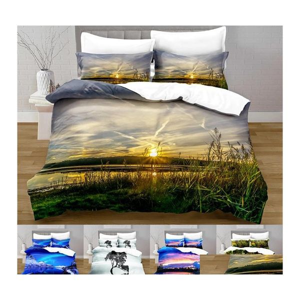 Conjuntos de roupas de cama 100 cen￡rio de poli￩ster Lake Duvet ER Impress￣o digital conjunto com travesseiros queen bed Drop Drop Home Garden T￪xteis de jardim