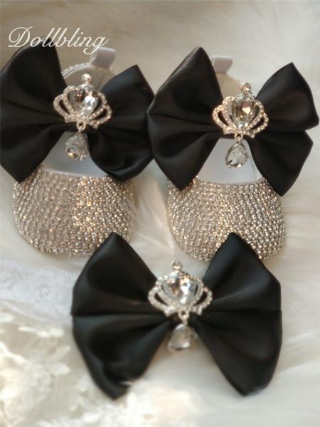 Primeiros Walkers Bling Crown jóias shinestone preto big arco de arco preto nome de bebê sapatos de presente de 1º aniversário com faixa para a cabeça