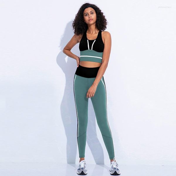 Mulheres Tracksuits Conjuntos Ativos Listrado Mulheres Sportswear Set Mulher 2 Peças Yoga Fitness Roupas 2022 Crop Top Leggings Sexy Sports Bra Gym