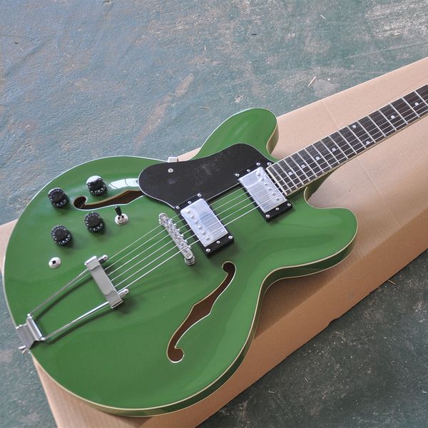 Mão esquerda 6 Strings Green semi oco guitarra com braço de rosa -rosa preto pickguard personalizável