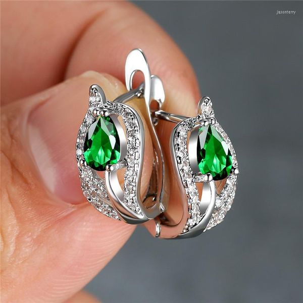 Brincos de argolas fofas fêmeas verdes charme de cristal folha de cristal Casamento de cor prata para mulheres