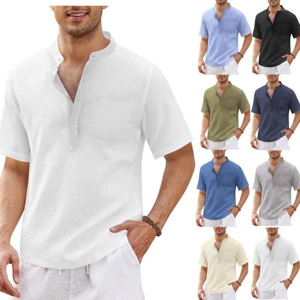 Camisetas masculinas de verão tops casuais homens sólidos camiseta branca camiseta curta camisa de bolso linho de linho de algodão machos de rua 2022