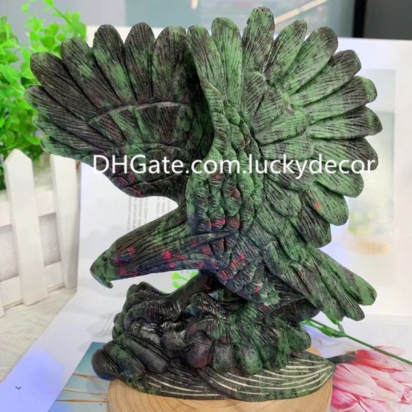 Rubi em zoisita Crystal Eagle estátua e artesanato artesanato à mão Polded Gemstone Hawk Hawk Anyolite Rock Rock Metafísica Escultura Animal