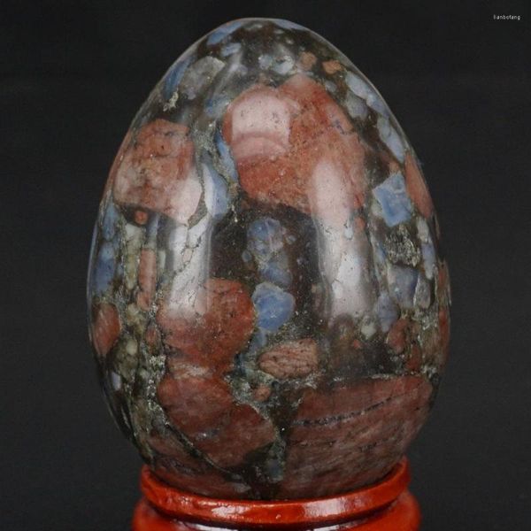 Estatuetas decorativas 36x50mm de pedra natural azul opala fóssil esfera ovo chakra cura reiki artesanato de escultura minerais com suporte