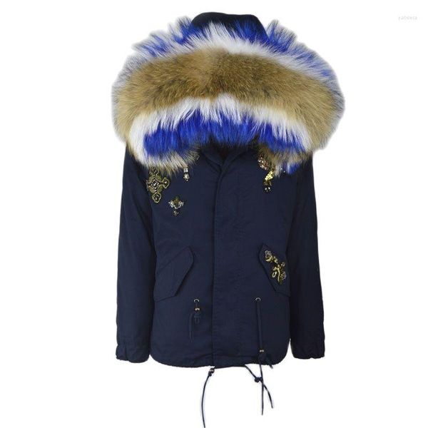 Parka corto da donna in pelliccia blu scuro Begie foderato in finto combinato con colletto in vero procione e giacca invernale