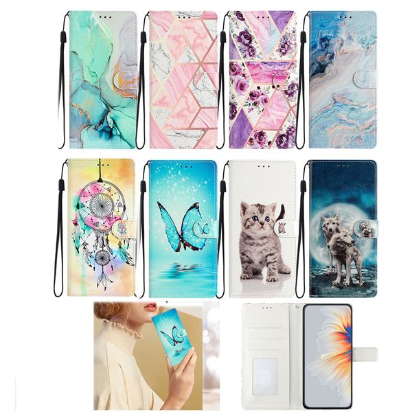 Capas de carteira de couro geométrico de mármore para iphone 15 14 Plus 13 12 11 Pro Max XR X 8 7 6 Geometria Flor Borboleta Gato Lobo Dreamcatcher Flip Cover ID Card Slot Bolsa