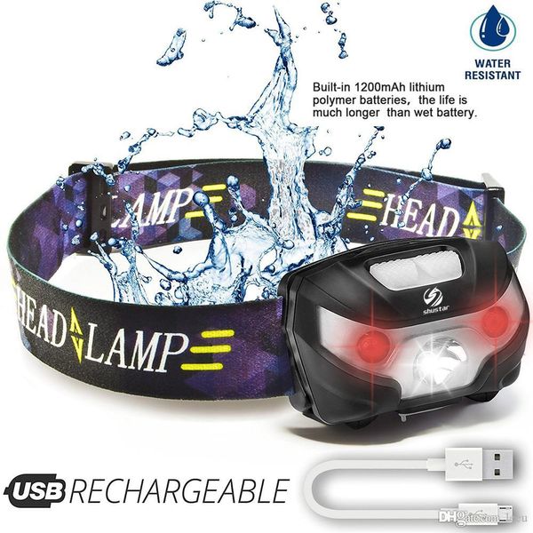 L￢mpadas de cabe￧a LED Recarreg￡vel Running Headlamp USB Farol 5W Perfeito para pescar camping para caminhada com luzes brancas e vermelhas