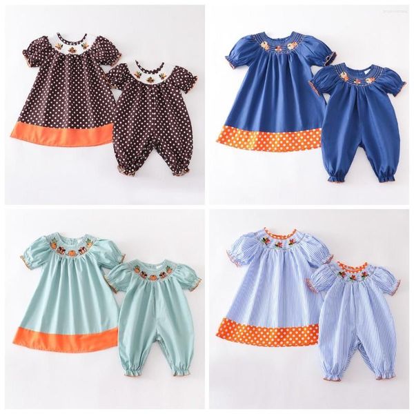 Abiti da ragazza Esclusivi Girlymax Fratello Autunno Ringraziamento Neonate Strisce Pois Turchia Tessuto smocked Abito Pagliaccetto Set Abbigliamento per bambini