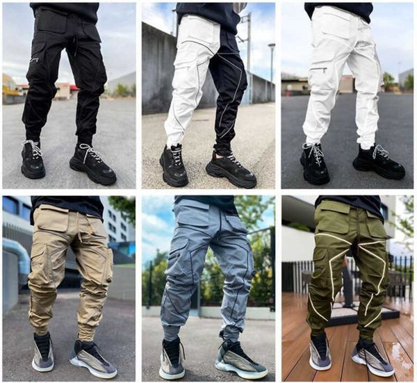 Herrenhosen, Frühling und Herbst, Arbeitskleidung, Modemarke, lockere, gerade Sporthosen, reflektierende Streifen, Tunika-Hose mit mehreren Taschen, 6 Farben, M-XXXL