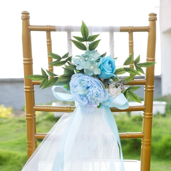 Fiori decorativi 28x23 cm Sedia da sposa Decorazioni floreali artificiali con nastro di raso di plastica per cerimonia di archi da banco in chiesa