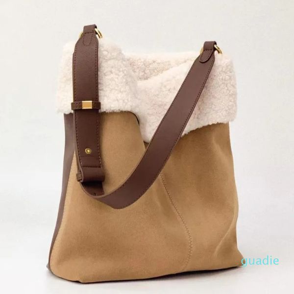 Borse da sera Borsa sotto le ascelle Autunno e inverno Secchiello per capelli di agnello Trama vintage Pelle di mucca smerigliata Una spalla da donna