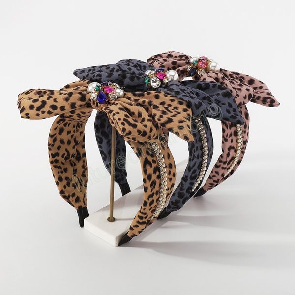 Fascia per capelli con stampa leopardata annodata con fiocco grande e fascia per capelli con perle di cristallo per le donne Accessori per capelli alla moda per ragazze Copricapo