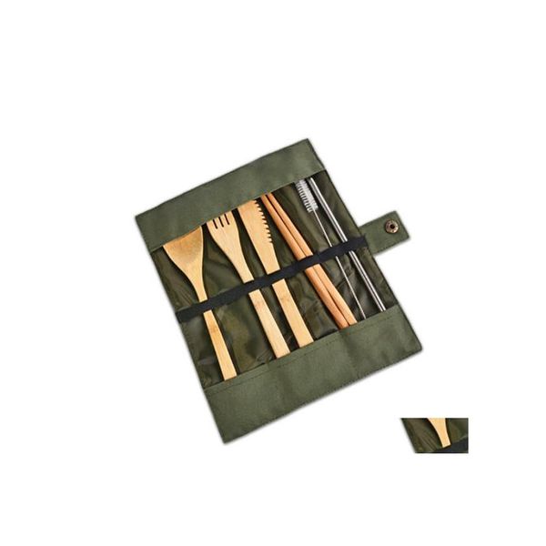 Set di stoviglie Set di legno Cucchiaino di bambù Forchetta Coltello da minestra Ristorazione Posate con borsa di stoffa Utensili da cucina Utensili da cucina Yhm2091 Dro Ot5T7